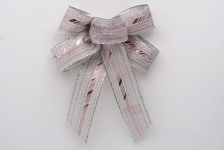 Wstążka z 5 pętlami i 2 krótkimi ogonkami w kolorze metalicznym srebrnym z różowym ukośnym paskiem - BW637-K1414S-4